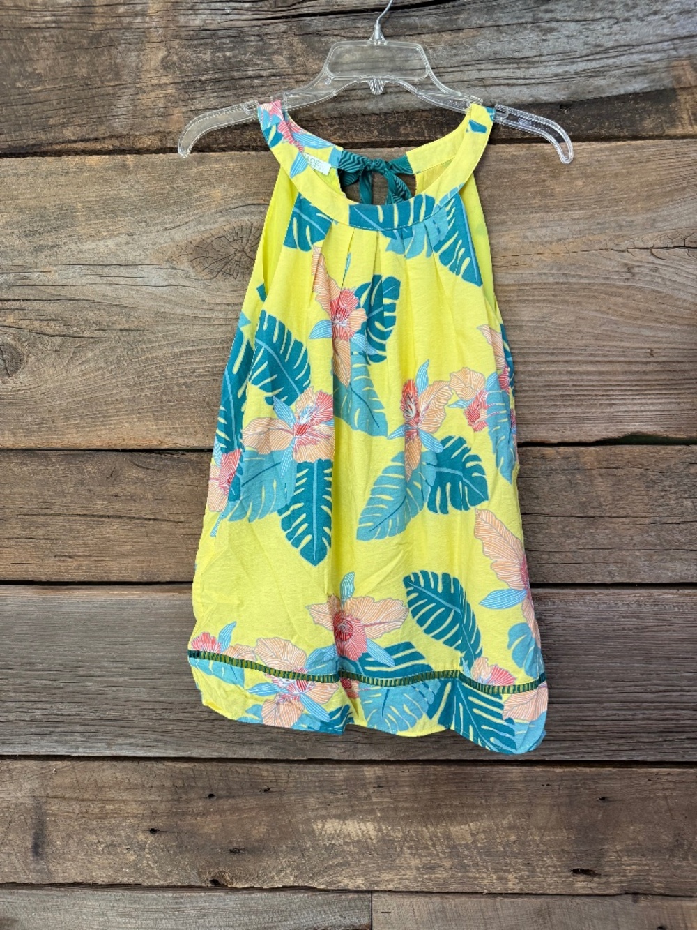 Jade Melody Tam floral tank with ribbon tie back, yellow/blue floral design, XS
